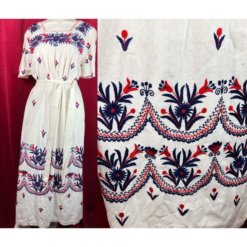 1970s Folklore by Olga Fisch Hand Embroidered Dress 70s Boho Festival